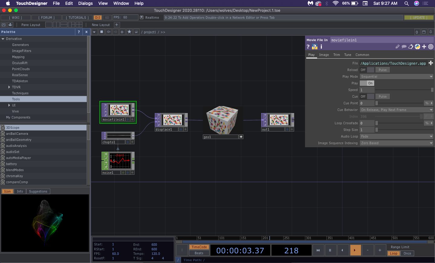 The first screen of TouchDesigner will show a sample network, a large menu on the far left that is a palette browser, and an information window to the far right that is the Movie File In TOP paramter window.